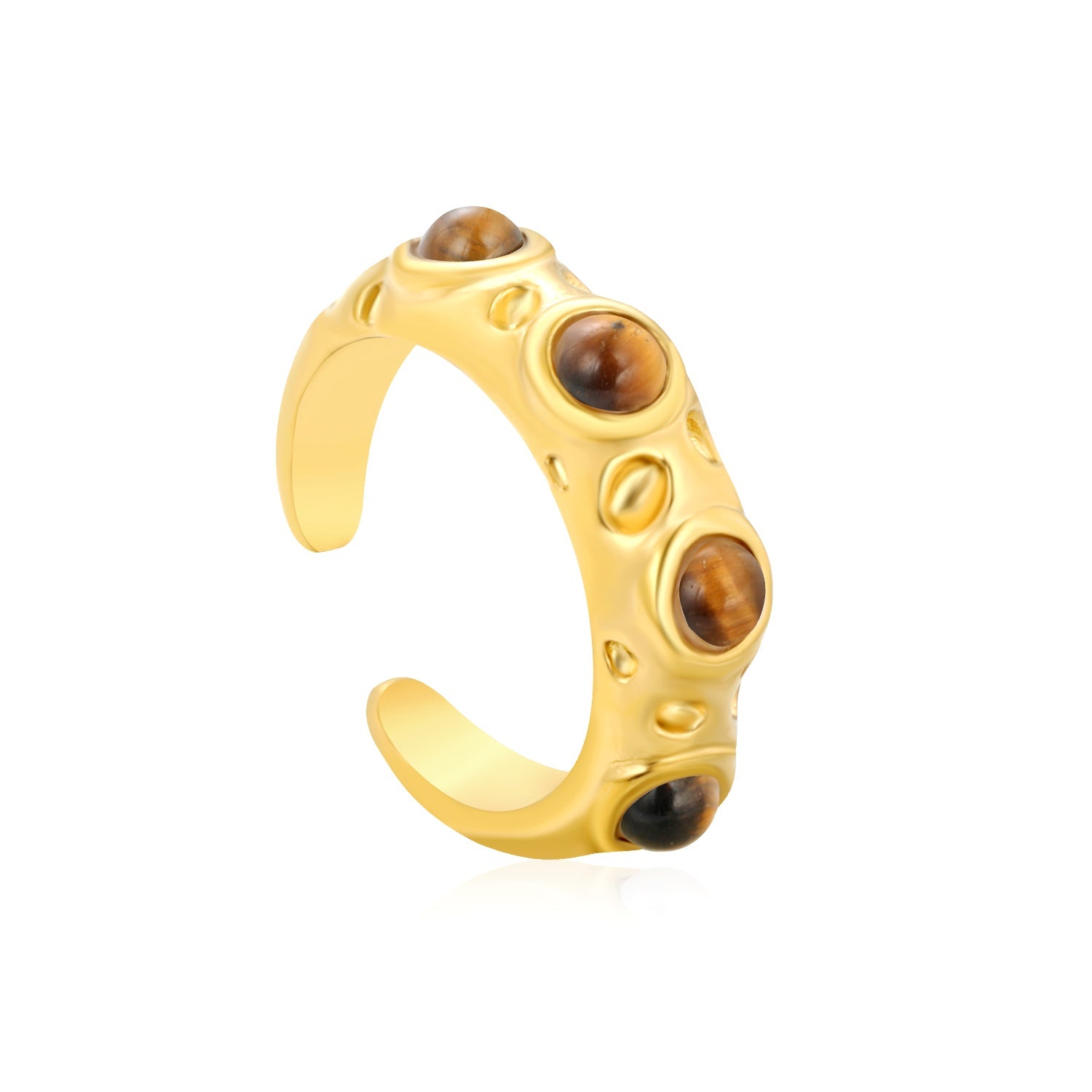 7mm Gold Open Ring with Irregular Hammered Texture and White Pearl/Tiger's Eye/Emerald Cat's Eye Inlays asonjewelry