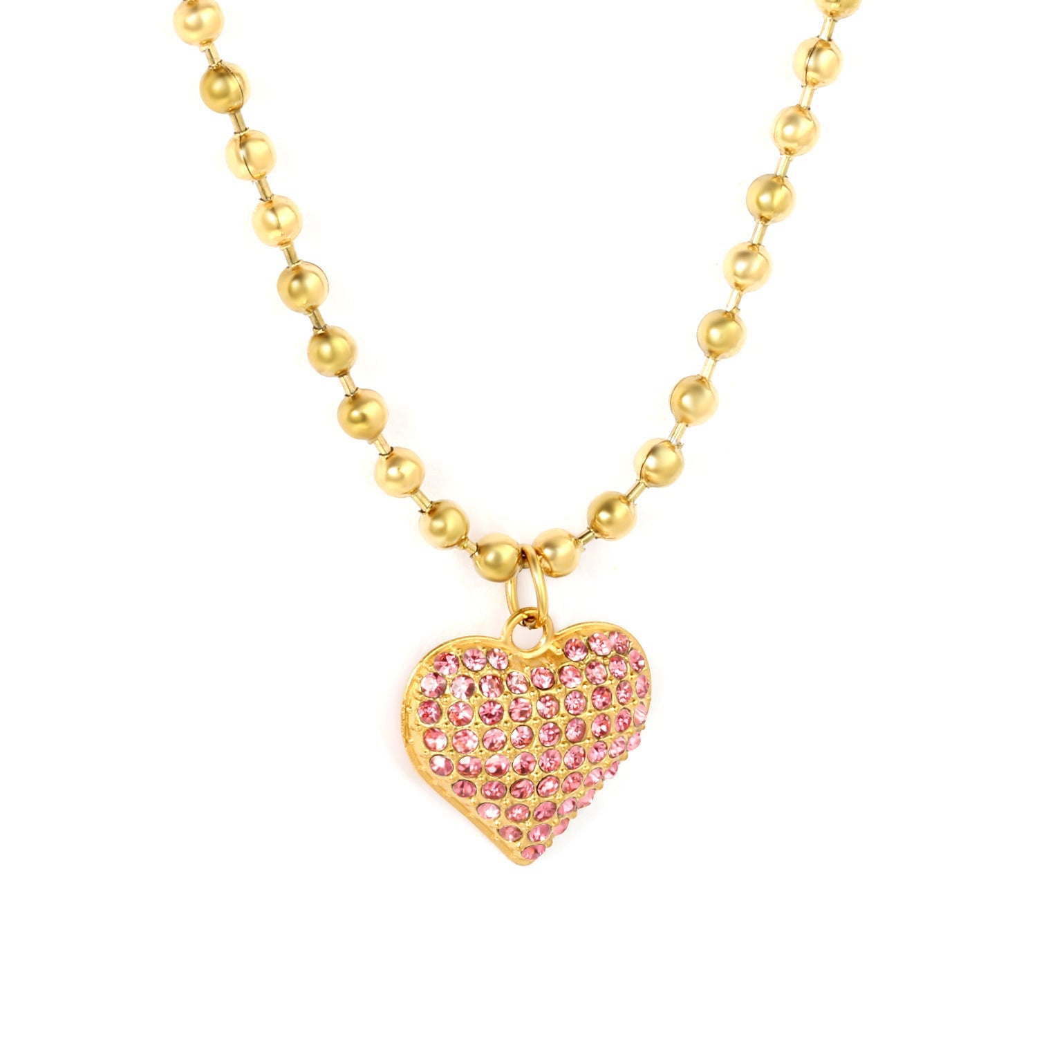 17x16.5mm heart-shaped pendant with white/rose red diamonds, 3mm bead chain, 40+5cm+6mm round tag necklace, gold color asonjewelry