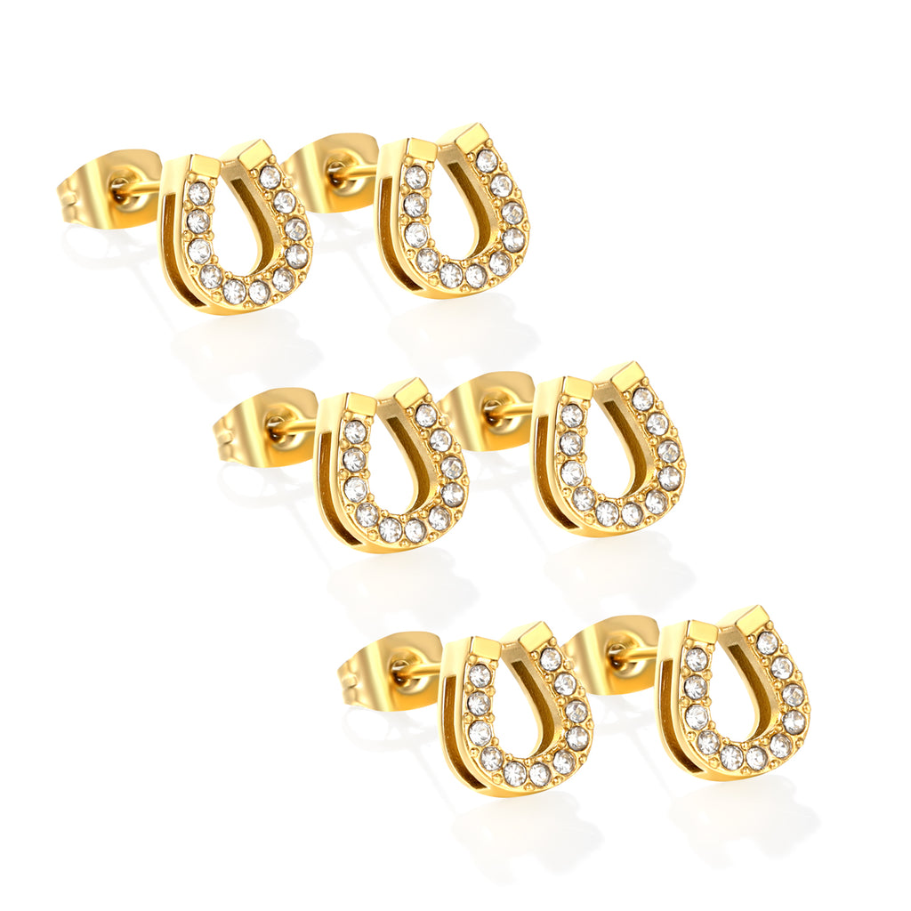 3 pairs of 8*9.1mm U-shaped white diamond stud earrings Gold