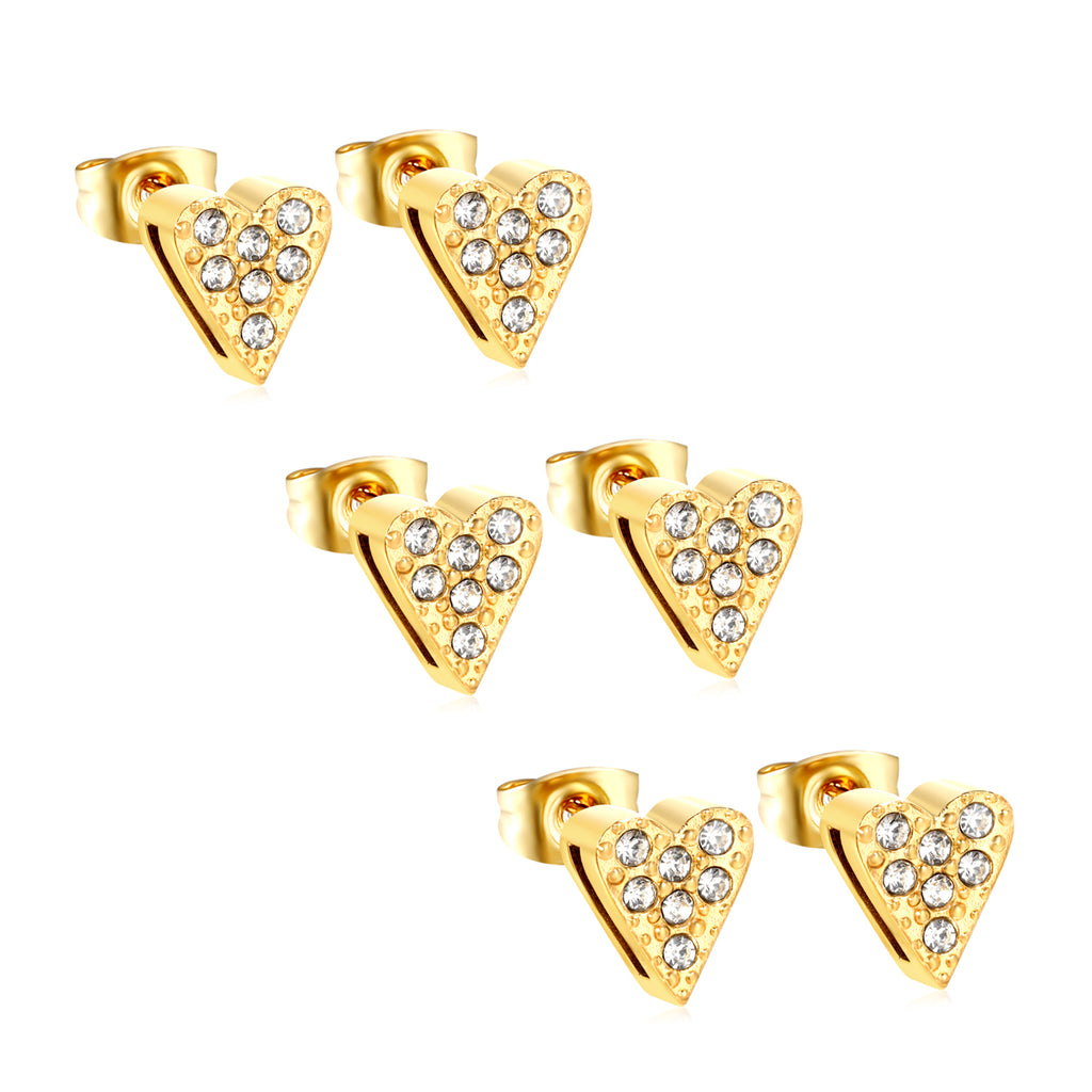 3 pairs of 8*9mm heart-shaped white diamond stud earrings Gold