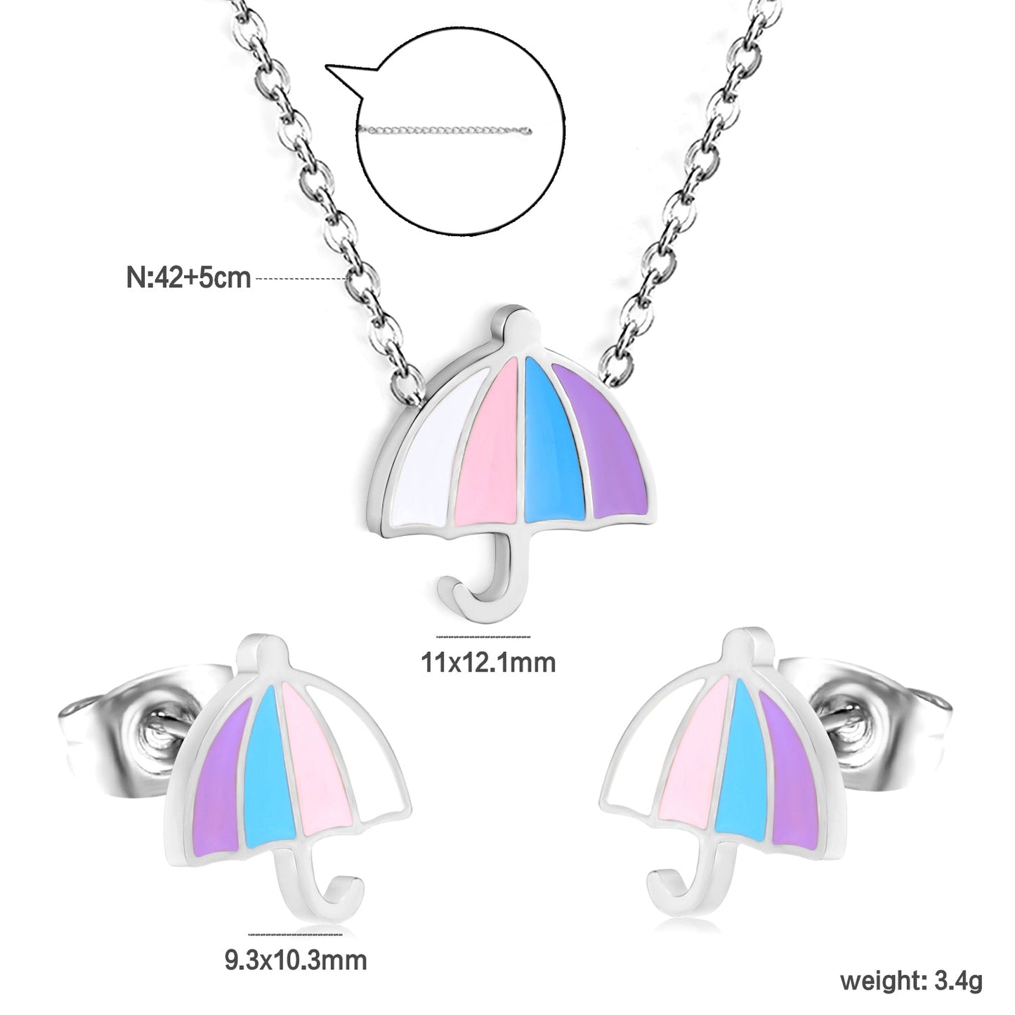 Umbrella set steel color/golden stud earrings: 9.3*10.3mm pendant: 11*12.1mm0.3 cross chain 42+5cm+6mm round plate asonjewelry