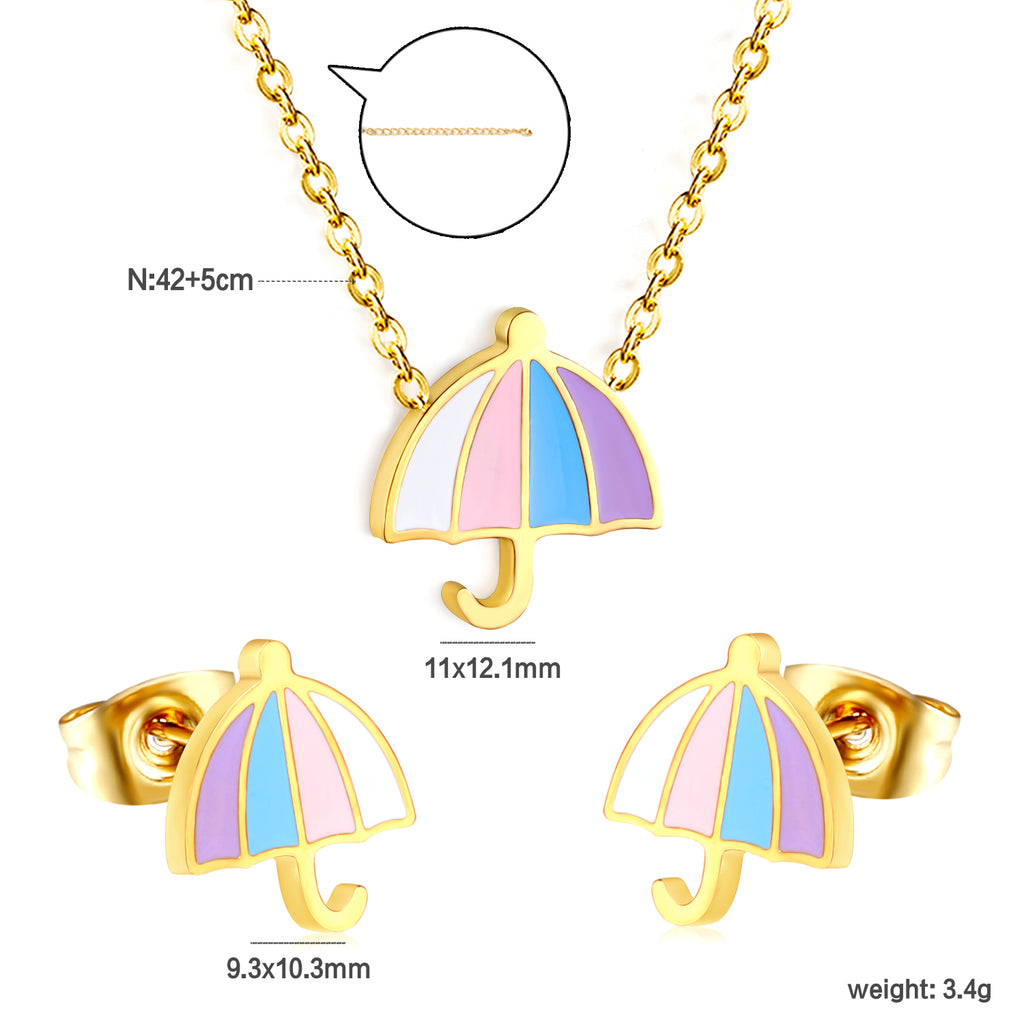 Umbrella set steel color/golden stud earrings: 9.3*10.3mm pendant: 11*12.1mm0.3 cross chain 42+5cm+6mm round plate