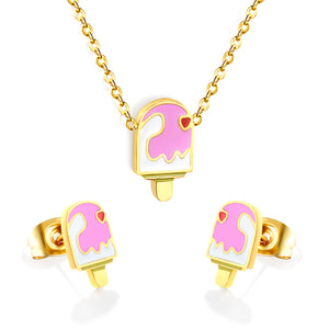Ice-cream Set Steel / Gold Earrings: 5.9*10.2mm Pendant: 6.9*12mm 0.3 Cross Chain 42+5cm+6mm Round Plaque