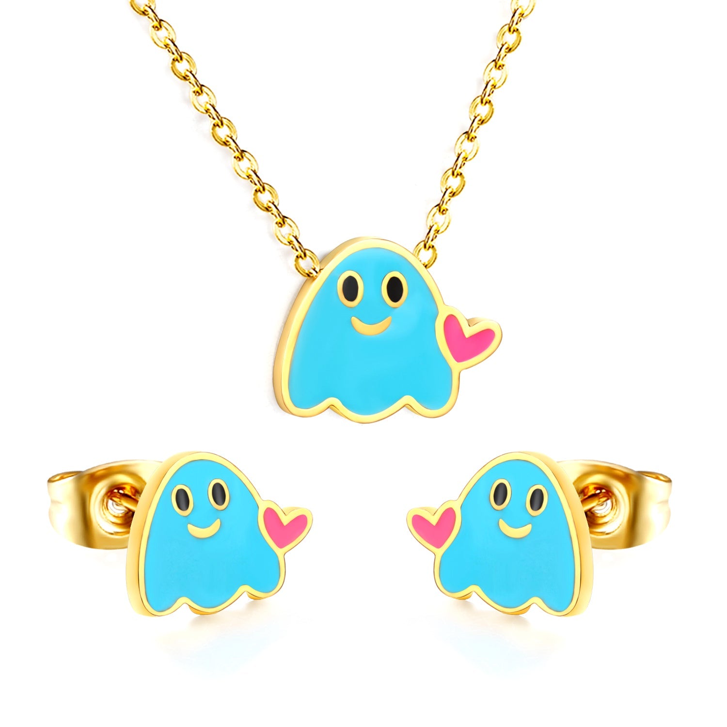 Drip oil heart brat set steel color / gold color Earrings: 9.6*8mm Pendant: 11.6*9.4mm 0.3 cross chain 40+5cm+6mm round plate asonjewelry