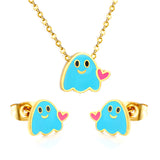 Drip oil heart brat set steel color / gold color Earrings: 9.6*8mm Pendant: 11.6*9.4mm 0.3 cross chain 40+5cm+6mm round plate