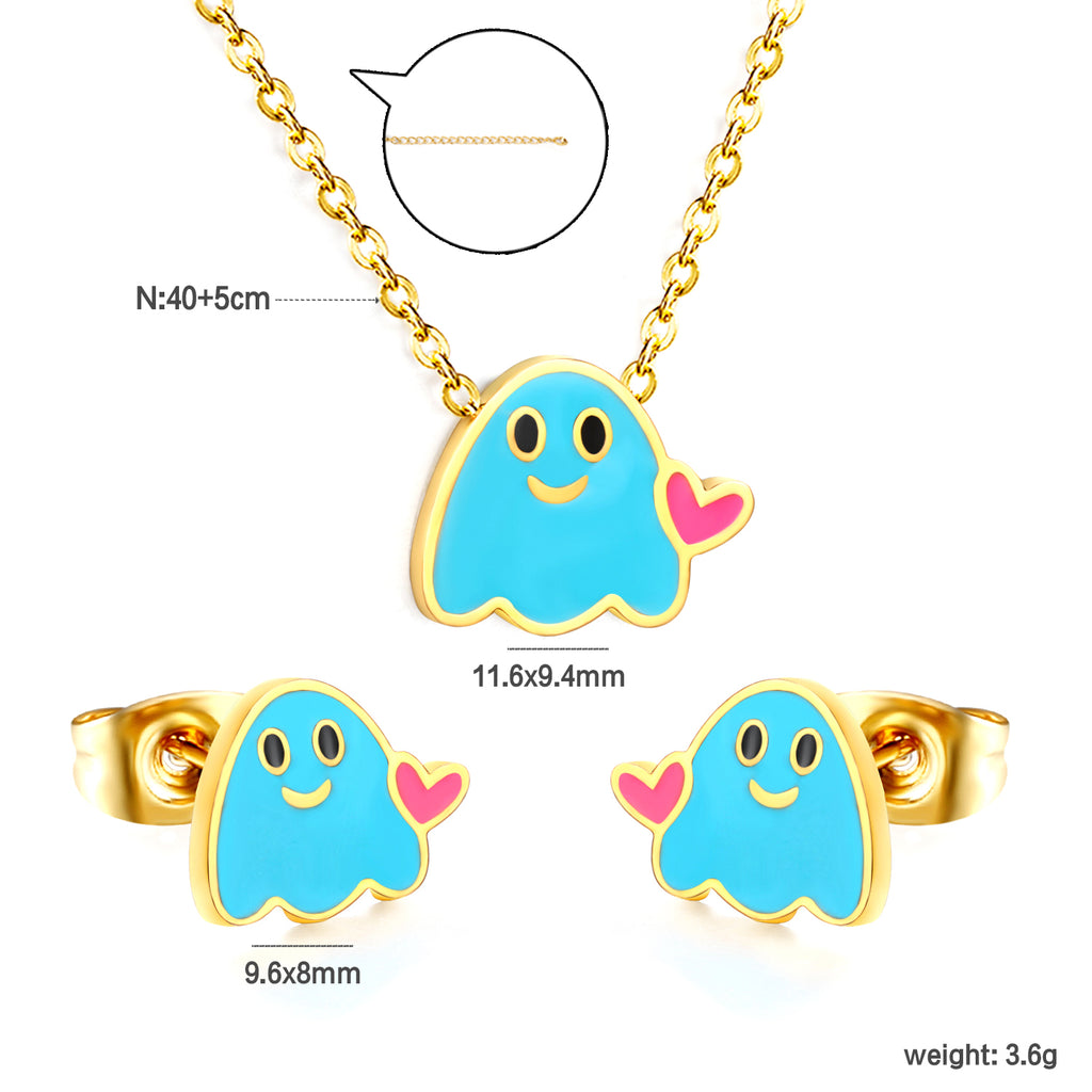 Drip oil heart brat set steel color / gold color Earrings: 9.6*8mm Pendant: 11.6*9.4mm 0.3 cross chain 40+5cm+6mm round plate