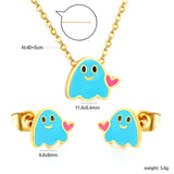Drip oil heart brat set steel color / gold color Earrings: 9.6*8mm Pendant: 11.6*9.4mm 0.3 cross chain 40+5cm+6mm round plate