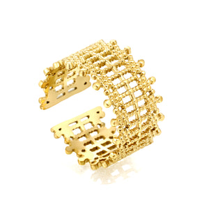 Golden Grid Pattern Stainless Steel Open Ring