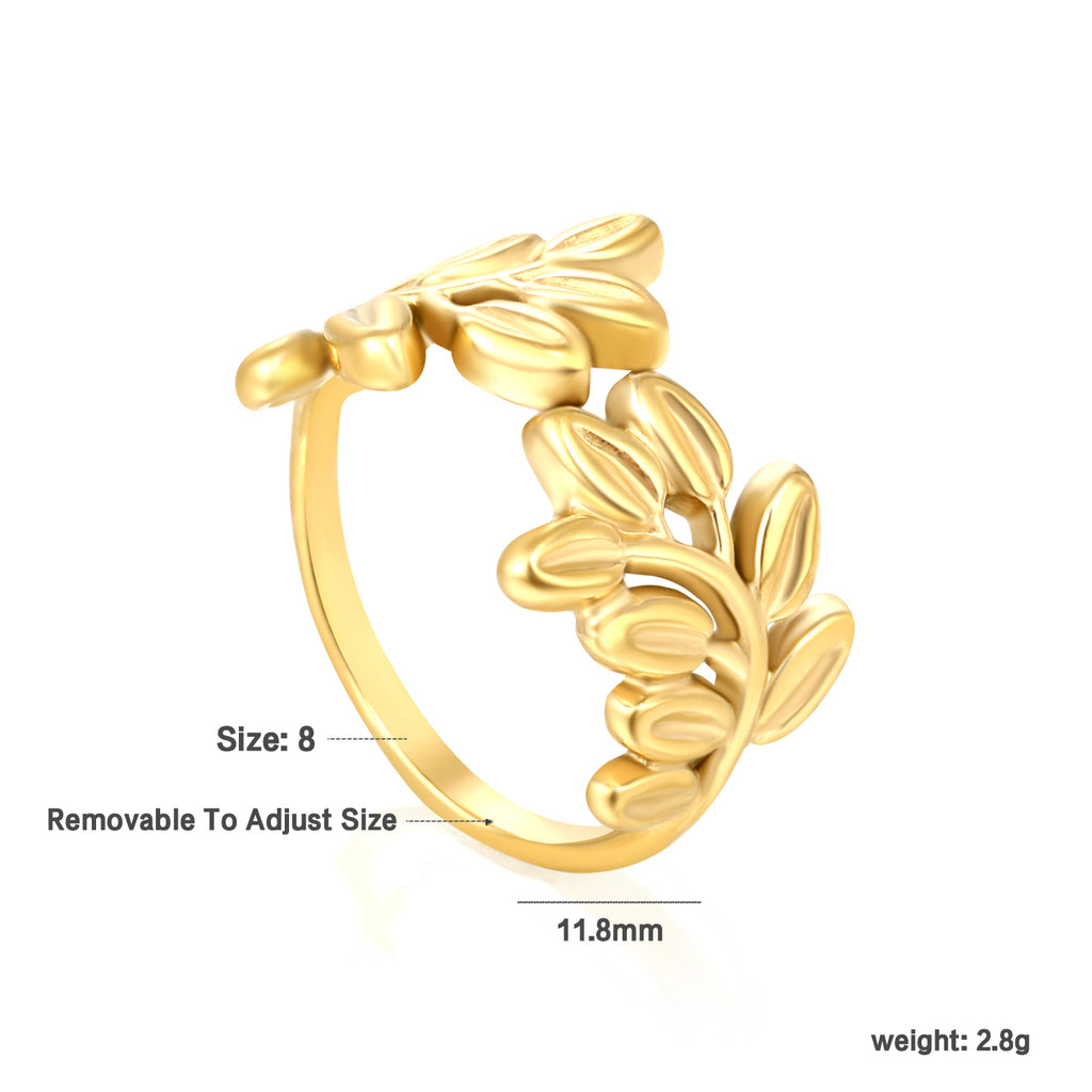 Golden Leaf Design SS Open Ring (Botanical Patterns)