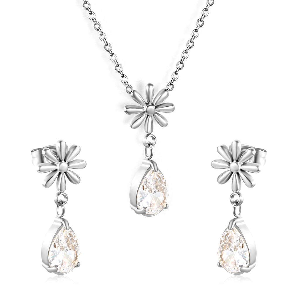 Flower + drop white diamond set Steel / Gold Earrings: 8.3mm flower + 6.2*10mm drop white diamond Pendant: 8.9mm flower + 6.2*10mm drop white diamond 0.3 Cross chain 42+5cm+6mm round plate