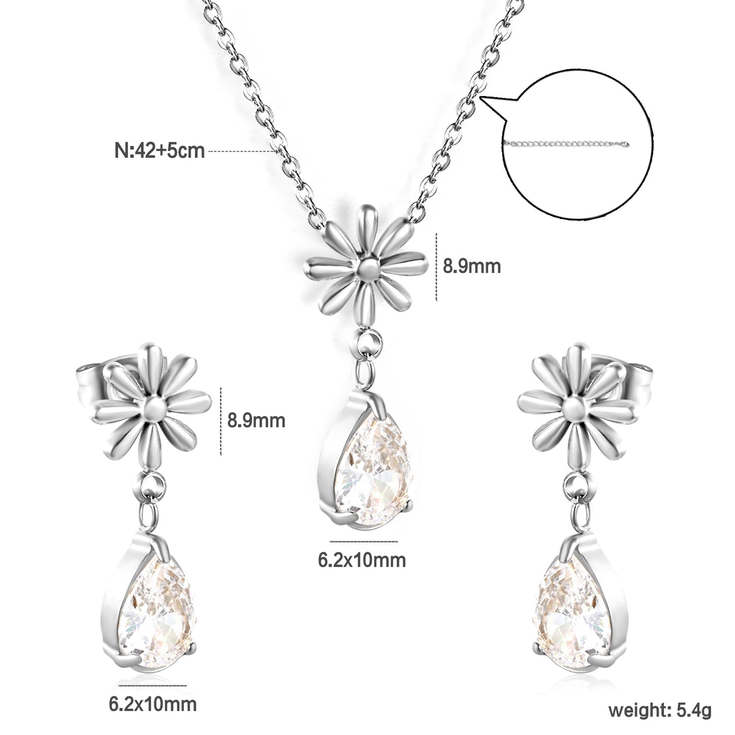 Flower + drop white diamond set Steel / Gold Earrings: 8.3mm flower + 6.2*10mm drop white diamond Pendant: 8.9mm flower + 6.2*10mm drop white diamond 0.3 Cross chain 42+5cm+6mm round plate asonjewelry