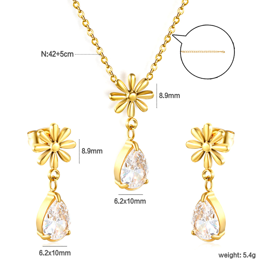Flower + drop white diamond set Steel / Gold Earrings: 8.3mm flower + 6.2*10mm drop white diamond Pendant: 8.9mm flower + 6.2*10mm drop white diamond 0.3 Cross chain 42+5cm+6mm round plate