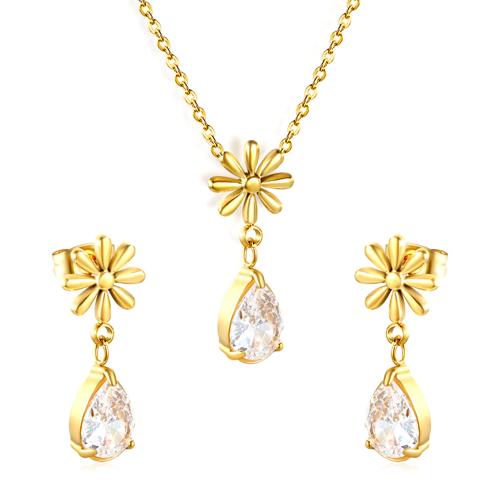 Flower + drop white diamond set Steel / Gold Earrings: 8.3mm flower + 6.2*10mm drop white diamond Pendant: 8.9mm flower + 6.2*10mm drop white diamond 0.3 Cross chain 42+5cm+6mm round plate