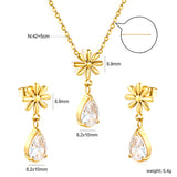 Flower + drop white diamond set Steel / Gold Earrings: 8.3mm flower + 6.2*10mm drop white diamond Pendant: 8.9mm flower + 6.2*10mm drop white diamond 0.3 Cross chain 42+5cm+6mm round plate