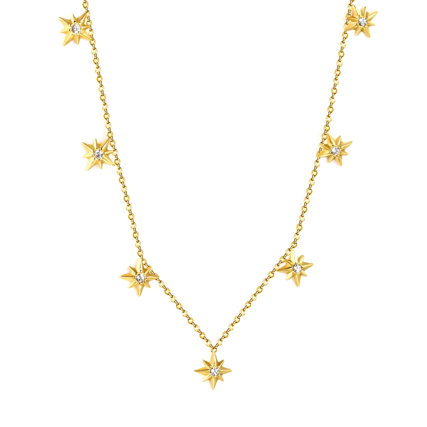 9.2 x 10mm eight-pointed star accessory (1 white zirconia), 0.3mm cross chain 40+5cm, 6mm round tag necklace, gold asonjewelry