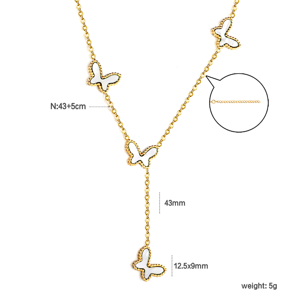 12.5*9mm 4 Butterfly Green/Black/White/Red Shell Pendant Necklace 43+5cm+3*10.3mm Square Plaque Necklace Golden