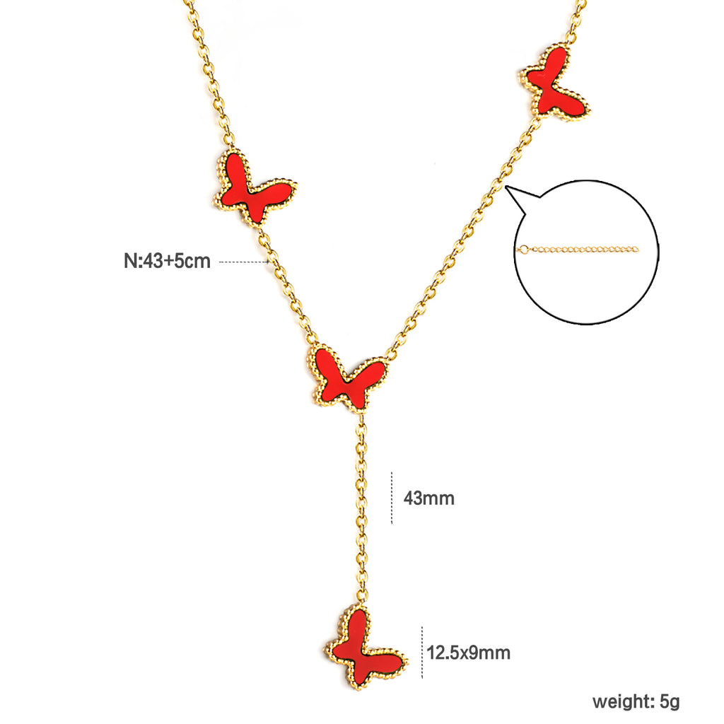 12.5*9mm 4 Butterfly Green/Black/White/Red Shell Pendant Necklace 43+5cm+3*10.3mm Square Plaque Necklace Golden