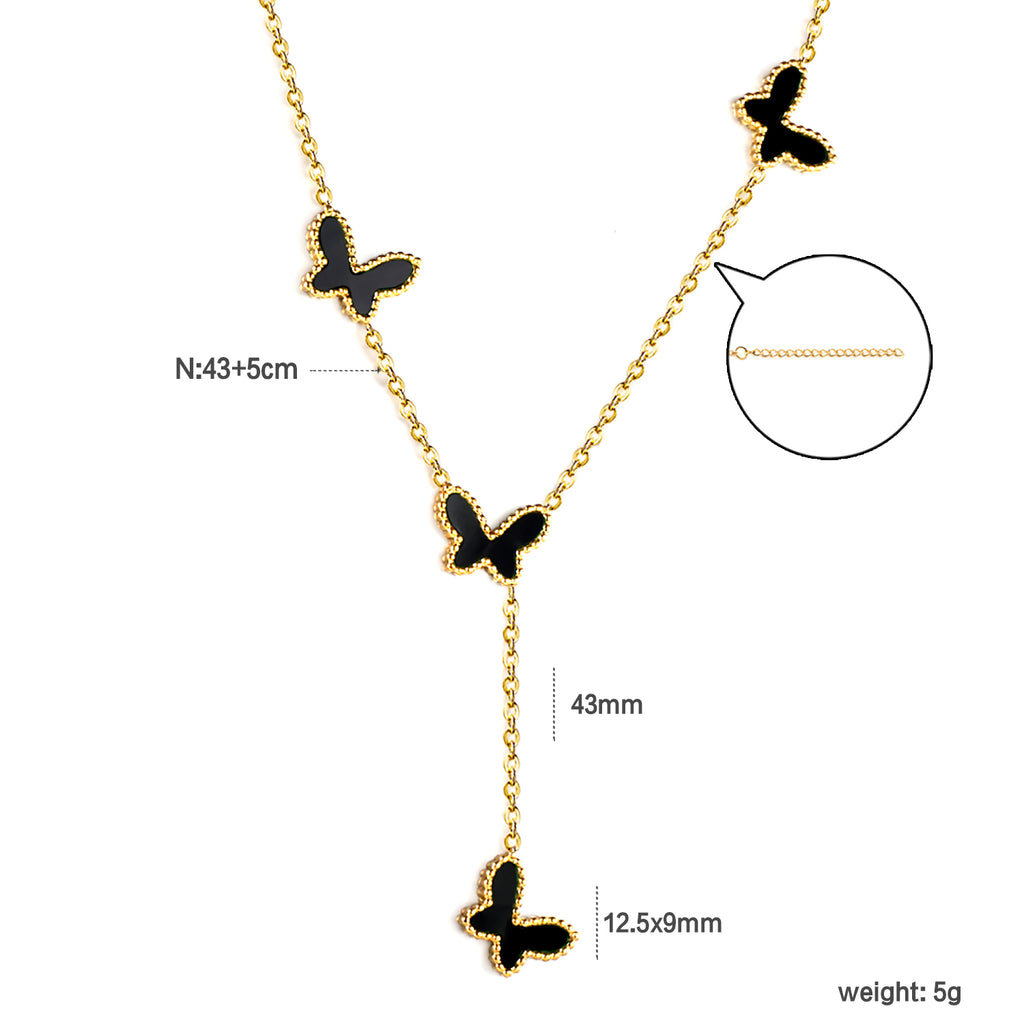 12.5*9mm 4 Butterfly Green/Black/White/Red Shell Pendant Necklace 43+5cm+3*10.3mm Square Plaque Necklace Golden