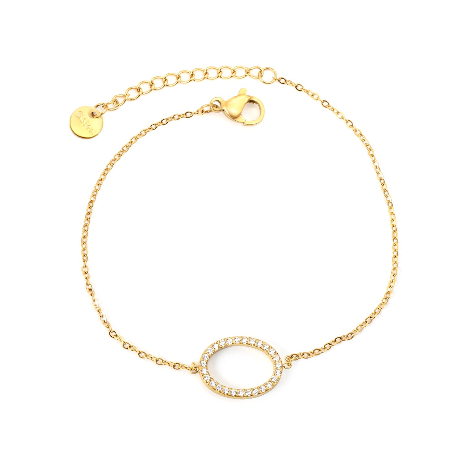 14.9*11.2mm Oval Hollow CNC White Zircon 0.3 Cross 18+3cm+6mm Round Plaque Bracelet Golden asonjewelry