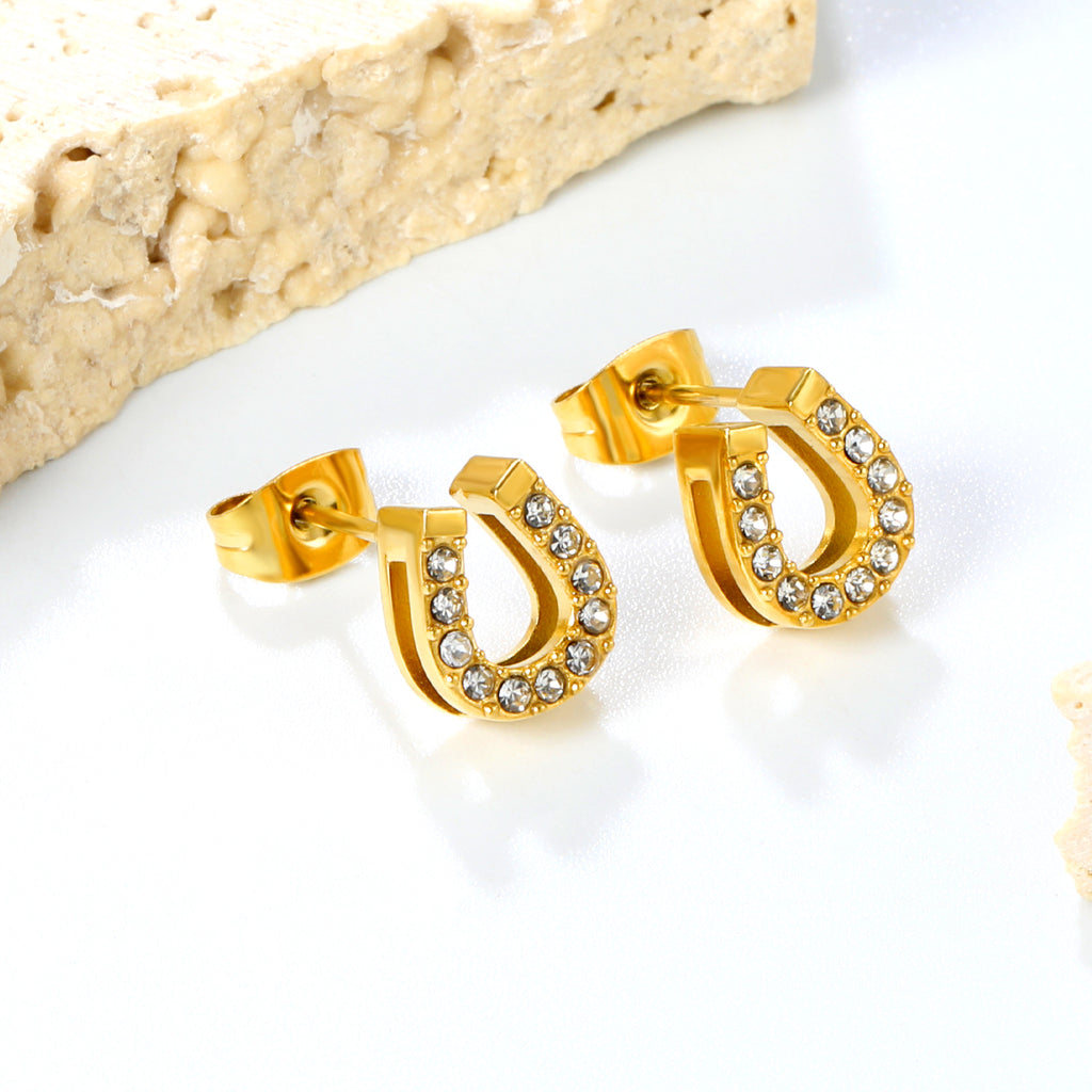 3 pairs of 8*9.1mm U-shaped white diamond stud earrings Gold