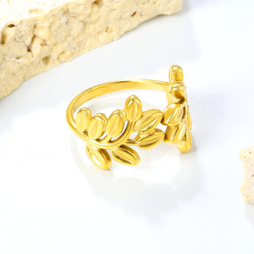 Golden Leaf Design SS Open Ring (Botanical Patterns)