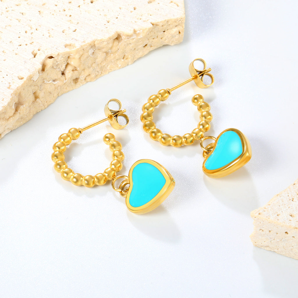 11.8*13.3mm blue oil drop peach heart + semi-circular steel earrings earrings gold color