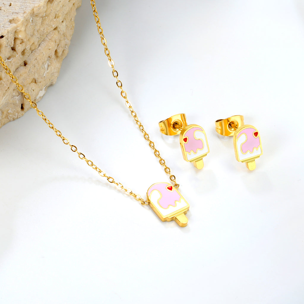 Ice-cream Set Steel / Gold Earrings: 5.9*10.2mm Pendant: 6.9*12mm 0.3 Cross Chain 42+5cm+6mm Round Plaque