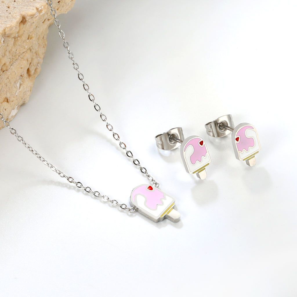 Ice-cream Set Steel / Gold Earrings: 5.9*10.2mm Pendant: 6.9*12mm 0.3 Cross Chain 42+5cm+6mm Round Plaque