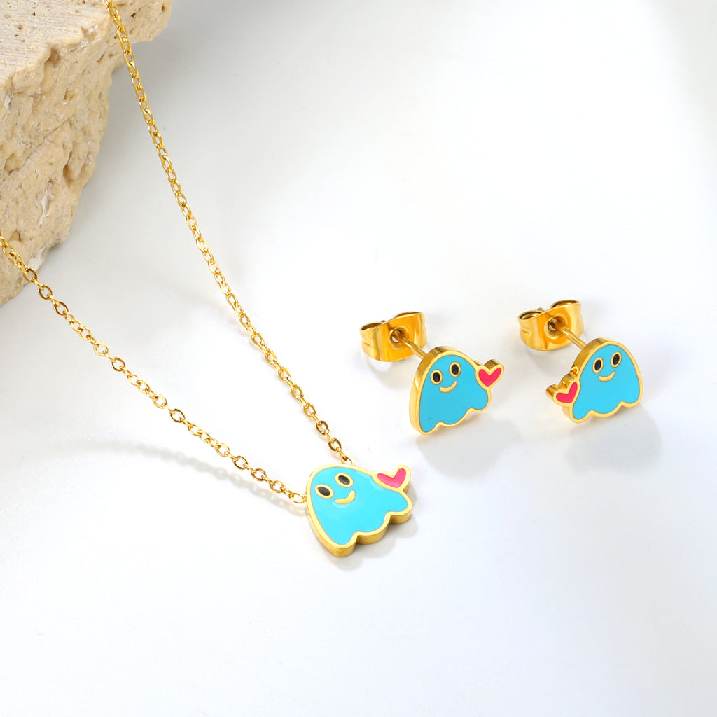 Drip oil heart brat set steel color / gold color Earrings: 9.6*8mm Pendant: 11.6*9.4mm 0.3 cross chain 40+5cm+6mm round plate