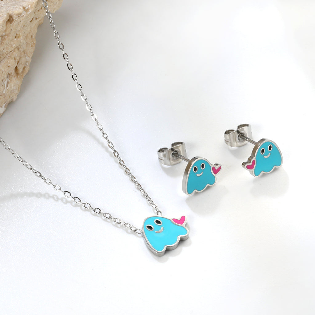 Drip oil heart brat set steel color / gold color Earrings: 9.6*8mm Pendant: 11.6*9.4mm 0.3 cross chain 40+5cm+6mm round plate