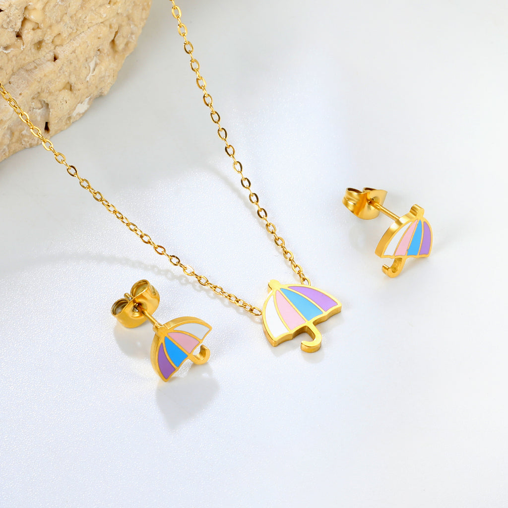 Umbrella set steel color/golden stud earrings: 9.3*10.3mm pendant: 11*12.1mm0.3 cross chain 42+5cm+6mm round plate
