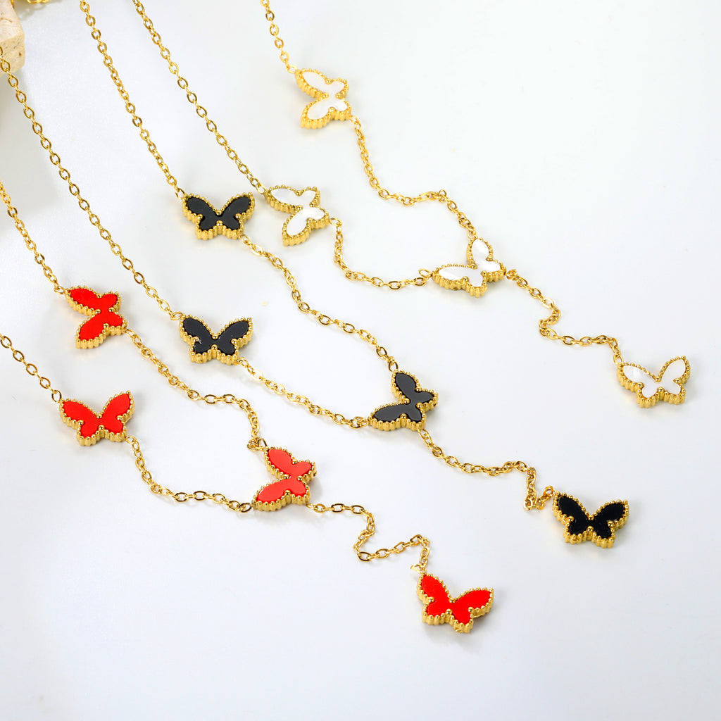 12.5*9mm 4 Butterfly Green/Black/White/Red Shell Pendant Necklace 43+5cm+3*10.3mm Square Plaque Necklace Golden