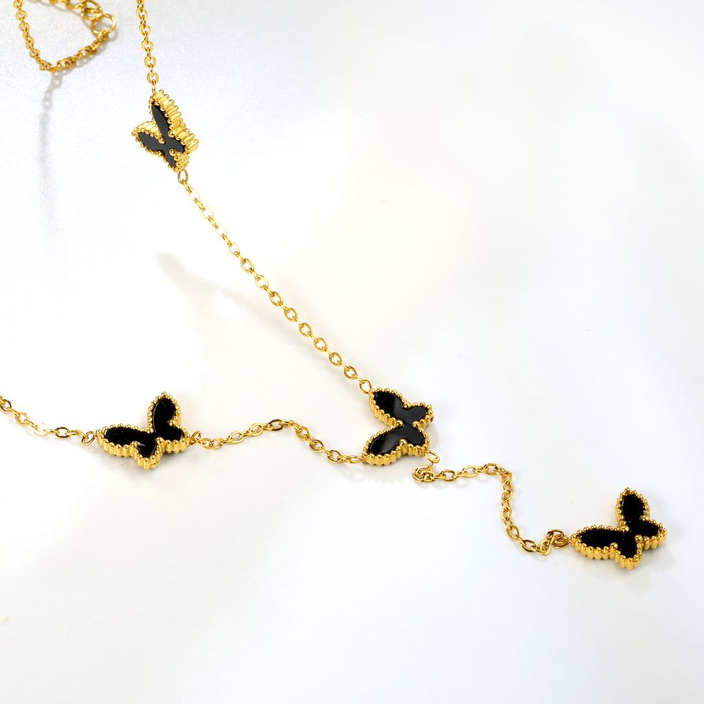 12.5*9mm 4 Butterfly Green/Black/White/Red Shell Pendant Necklace 43+5cm+3*10.3mm Square Plaque Necklace Golden