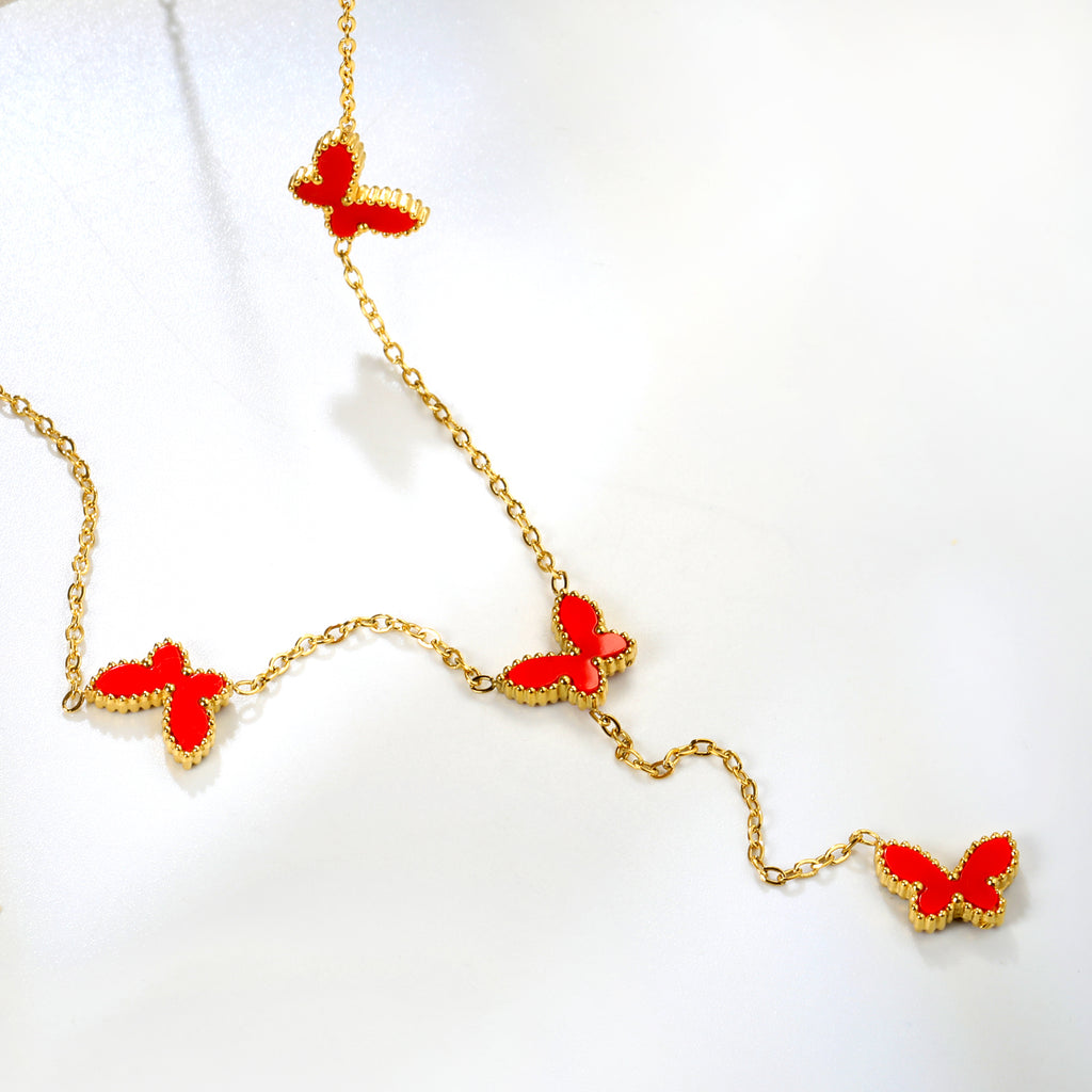 12.5*9mm 4 Butterfly Green/Black/White/Red Shell Pendant Necklace 43+5cm+3*10.3mm Square Plaque Necklace Golden