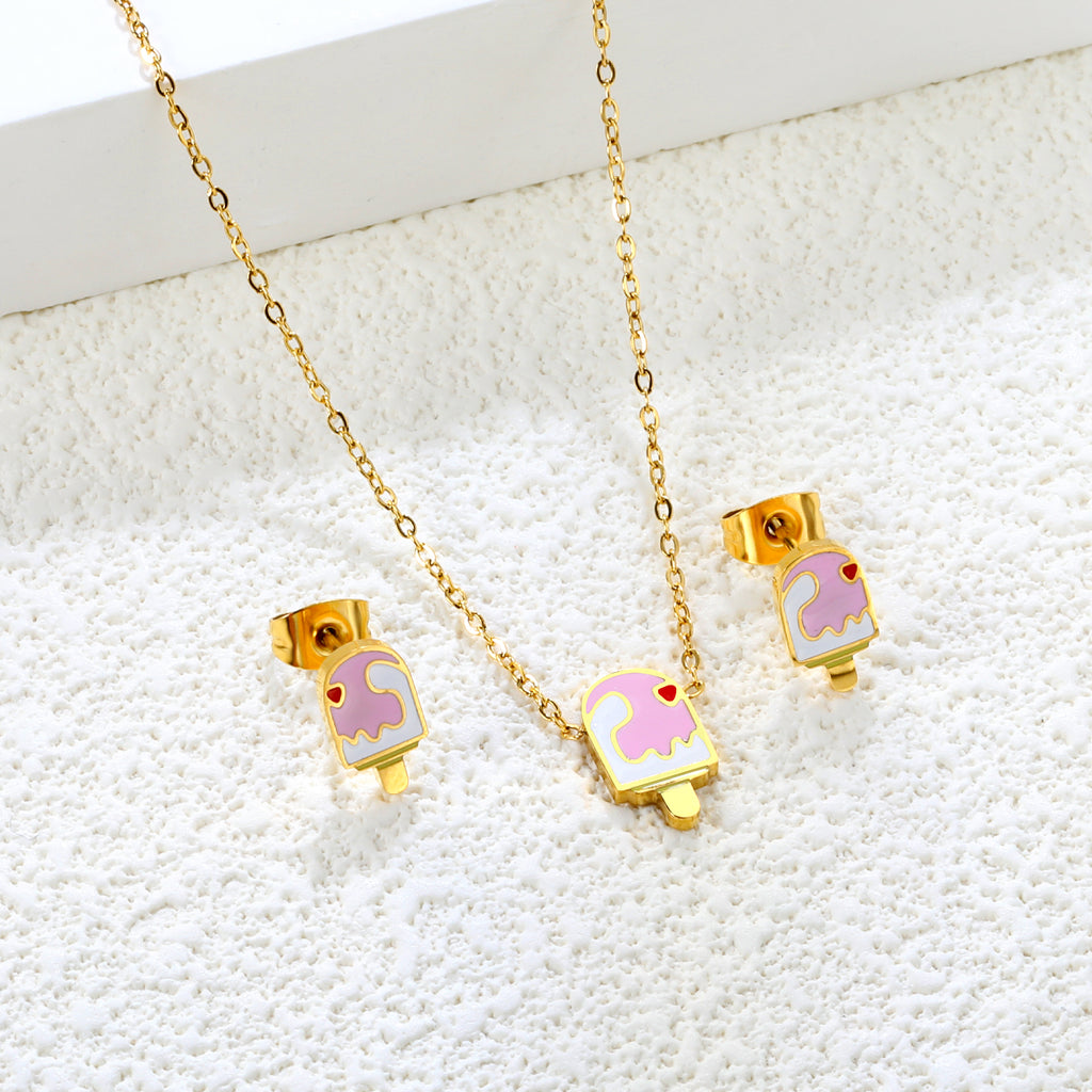 Ice-cream Set Steel / Gold Earrings: 5.9*10.2mm Pendant: 6.9*12mm 0.3 Cross Chain 42+5cm+6mm Round Plaque