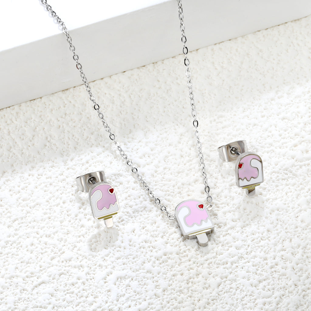 Ice-cream Set Steel / Gold Earrings: 5.9*10.2mm Pendant: 6.9*12mm 0.3 Cross Chain 42+5cm+6mm Round Plaque