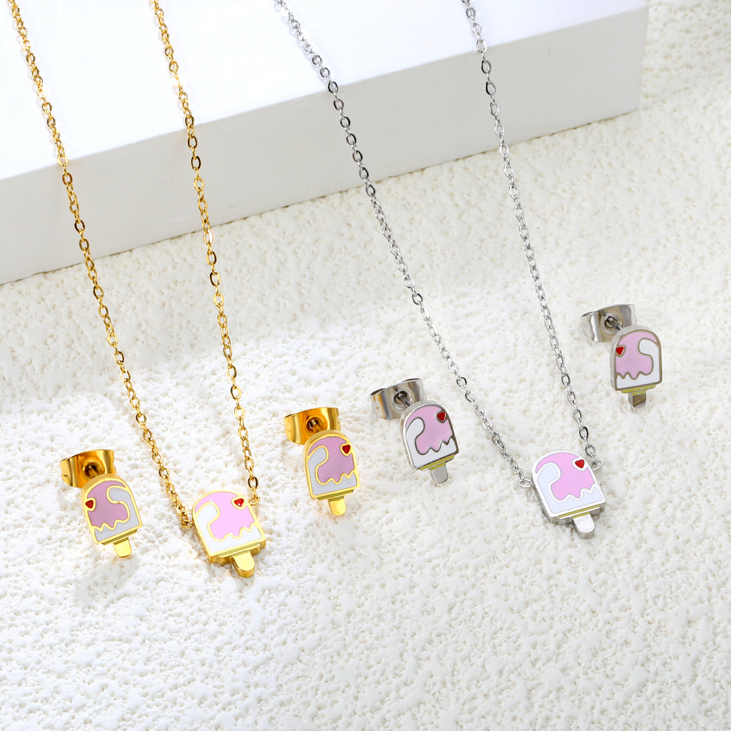 Ice-cream Set Steel / Gold Earrings: 5.9*10.2mm Pendant: 6.9*12mm 0.3 Cross Chain 42+5cm+6mm Round Plaque