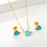Drip oil heart brat set steel color / gold color Earrings: 9.6*8mm Pendant: 11.6*9.4mm 0.3 cross chain 40+5cm+6mm round plate