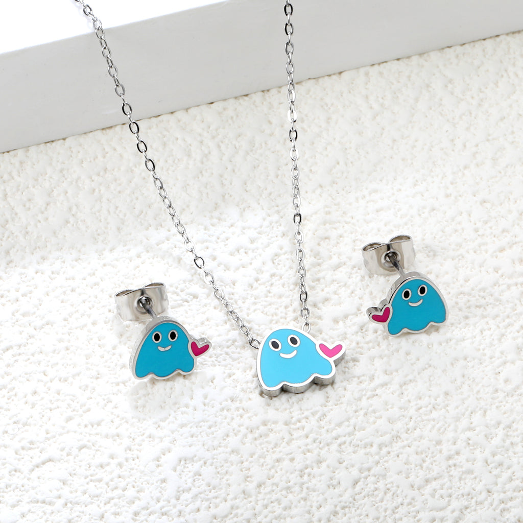 Drip oil heart brat set steel color / gold color Earrings: 9.6*8mm Pendant: 11.6*9.4mm 0.3 cross chain 40+5cm+6mm round plate