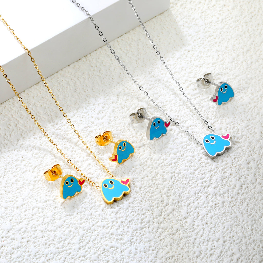 Drip oil heart brat set steel color / gold color Earrings: 9.6*8mm Pendant: 11.6*9.4mm 0.3 cross chain 40+5cm+6mm round plate