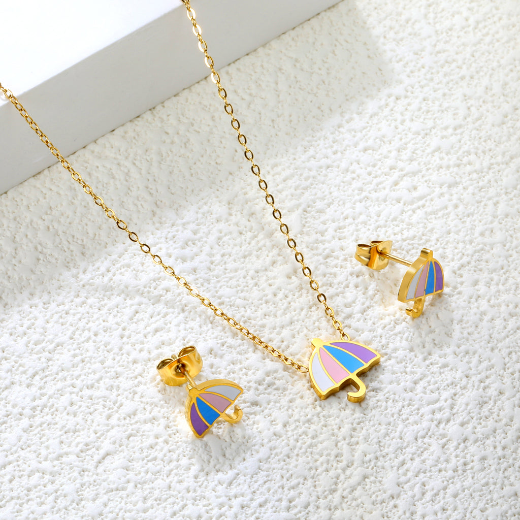 Umbrella set steel color/golden stud earrings: 9.3*10.3mm pendant: 11*12.1mm0.3 cross chain 42+5cm+6mm round plate