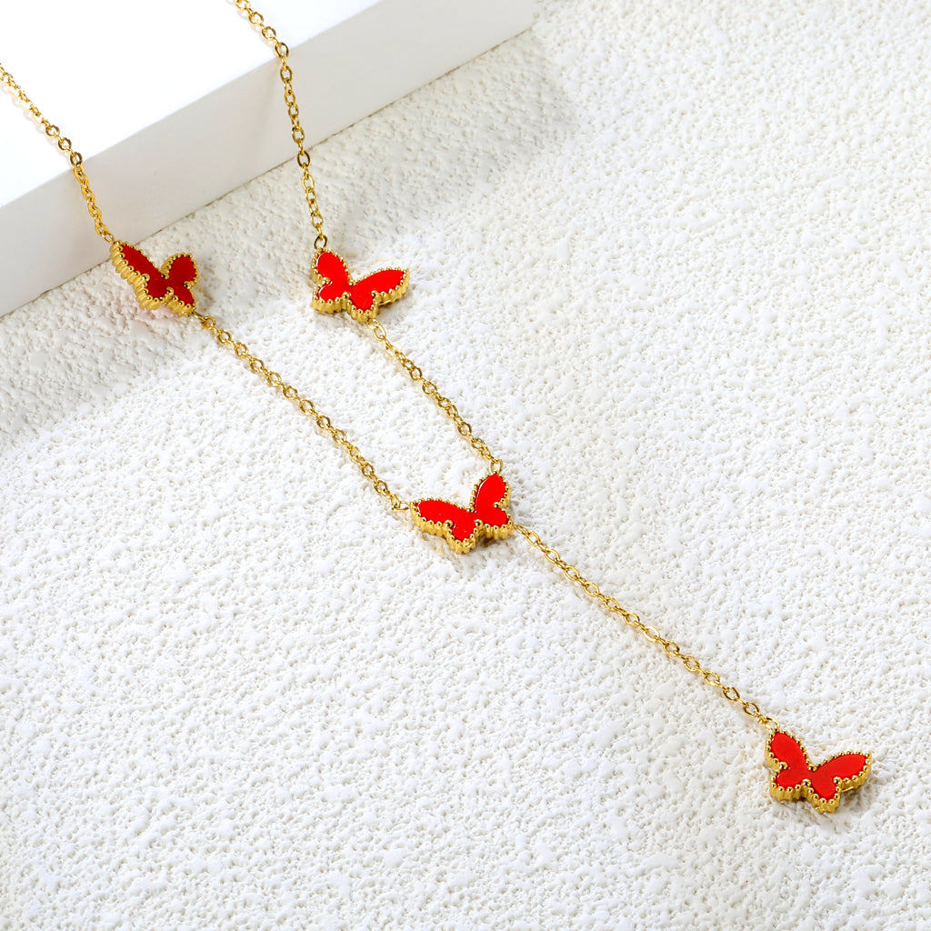 12.5*9mm 4 Butterfly Green/Black/White/Red Shell Pendant Necklace 43+5cm+3*10.3mm Square Plaque Necklace Golden