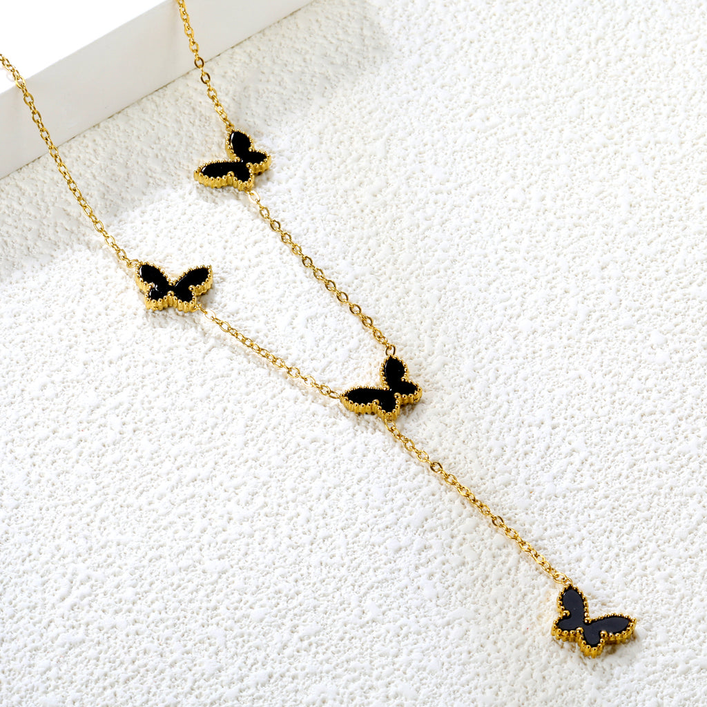 12.5*9mm 4 Butterfly Green/Black/White/Red Shell Pendant Necklace 43+5cm+3*10.3mm Square Plaque Necklace Golden