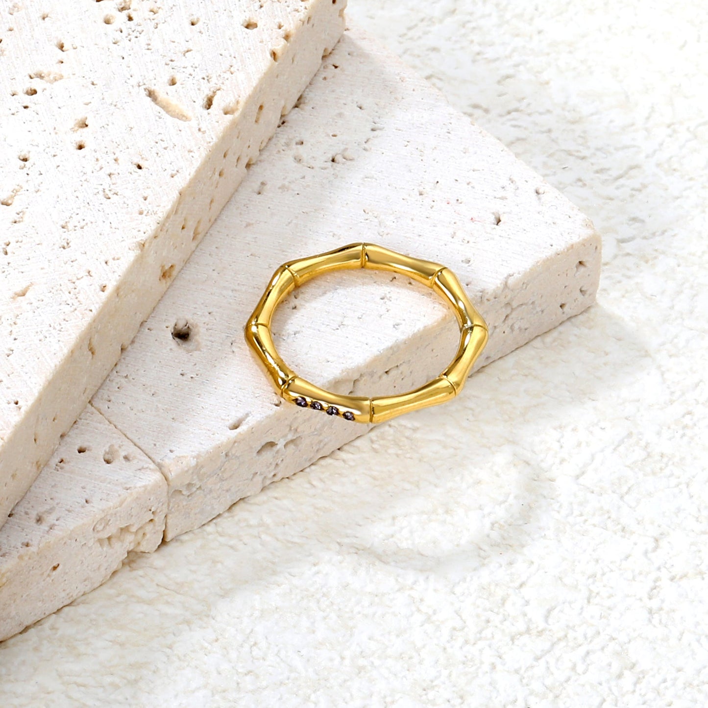 2.3mm high bamboo-shaped setting with white/lotus purple diamonds, gold ring asonjewelry