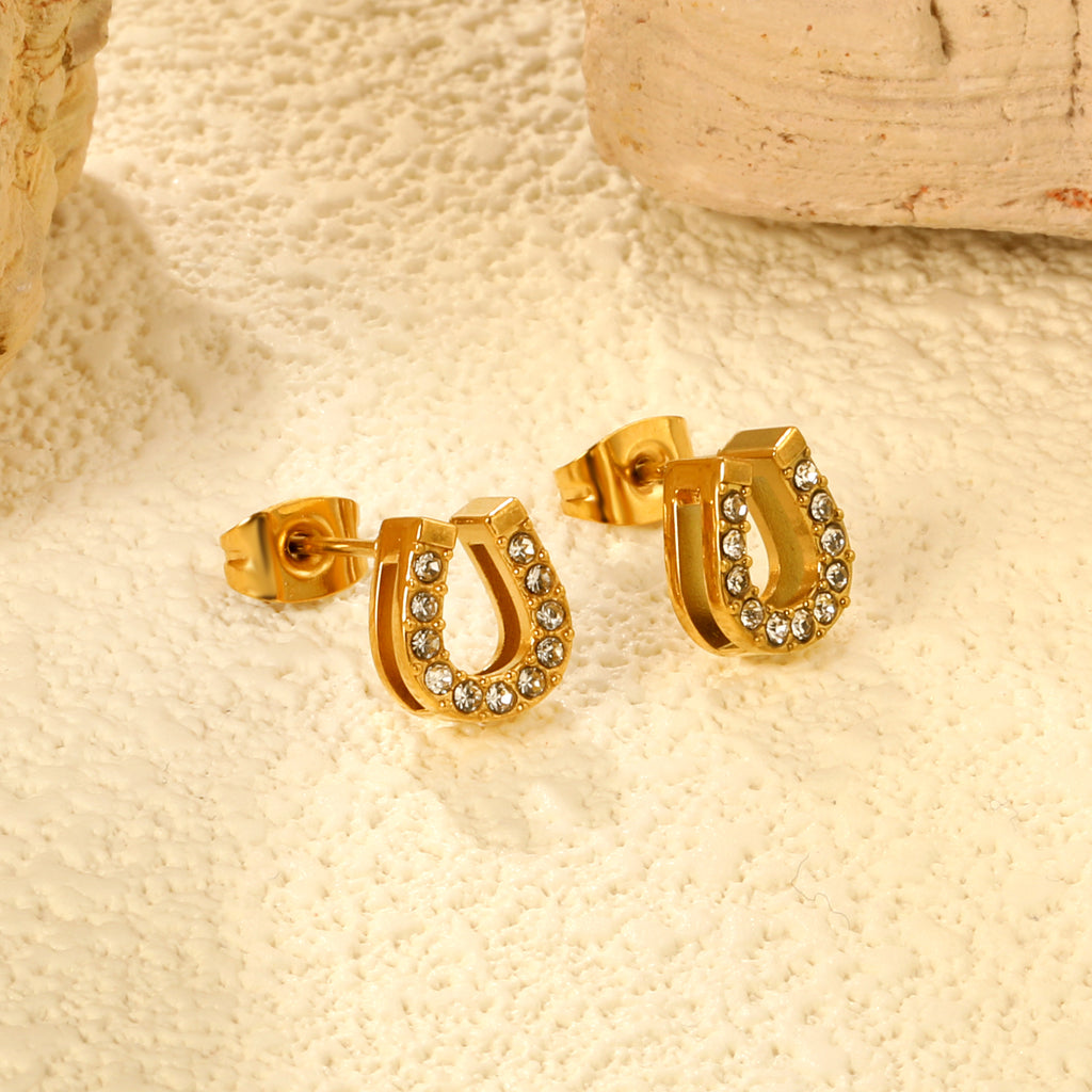 3 pairs of 8*9.1mm U-shaped white diamond stud earrings Gold