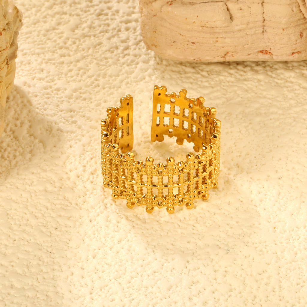 Golden Grid Pattern Stainless Steel Open Ring