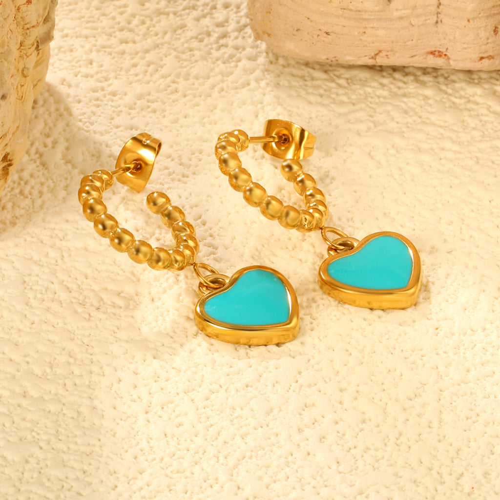 11.8*13.3mm blue oil drop peach heart + semi-circular steel earrings earrings gold color