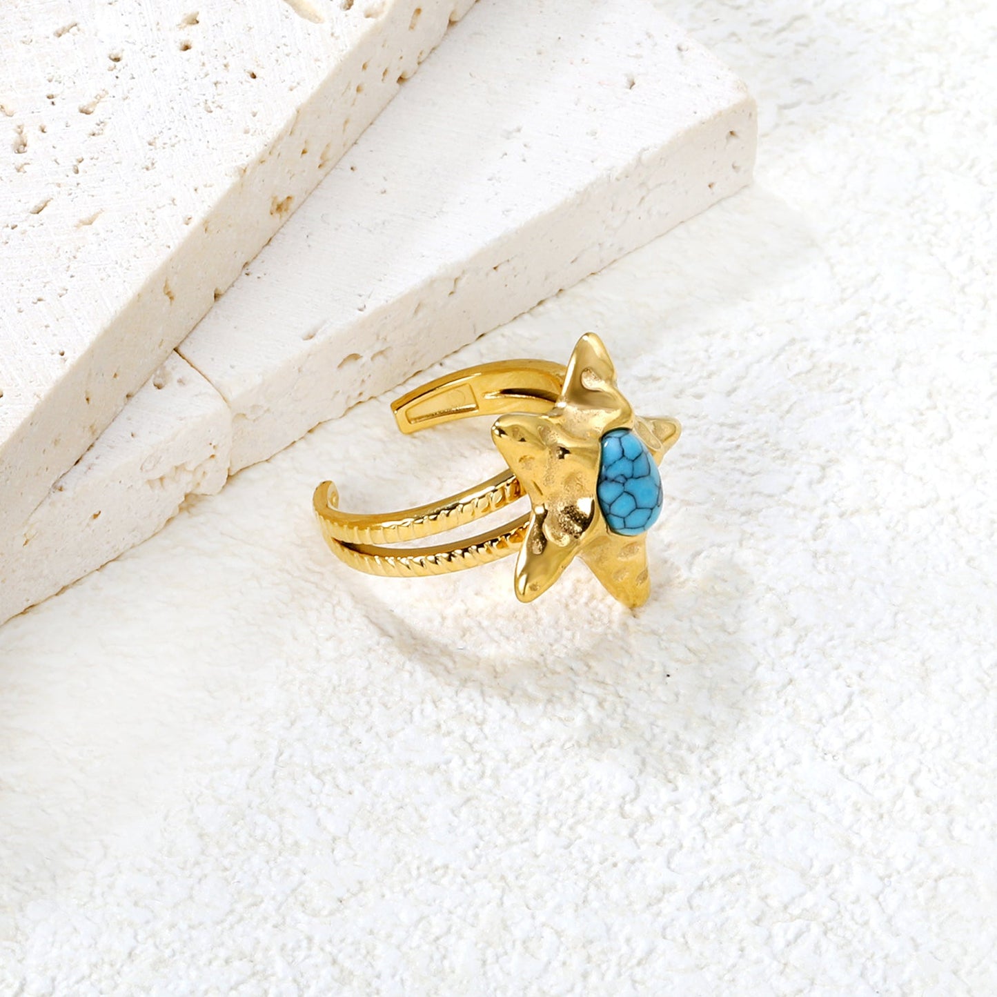 20mm Gold Open Ring with Turquoise - Inlaid Starfish asonjewelry