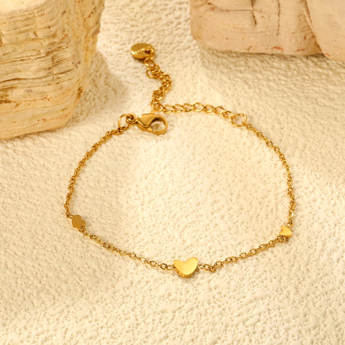 5.8*6.5mm 1 crooked heart + 3.7*2.8mm 2 heart accessories 0.3 cross chain 16+5cm+6mm round plaque bracelet gold color asonjewelry