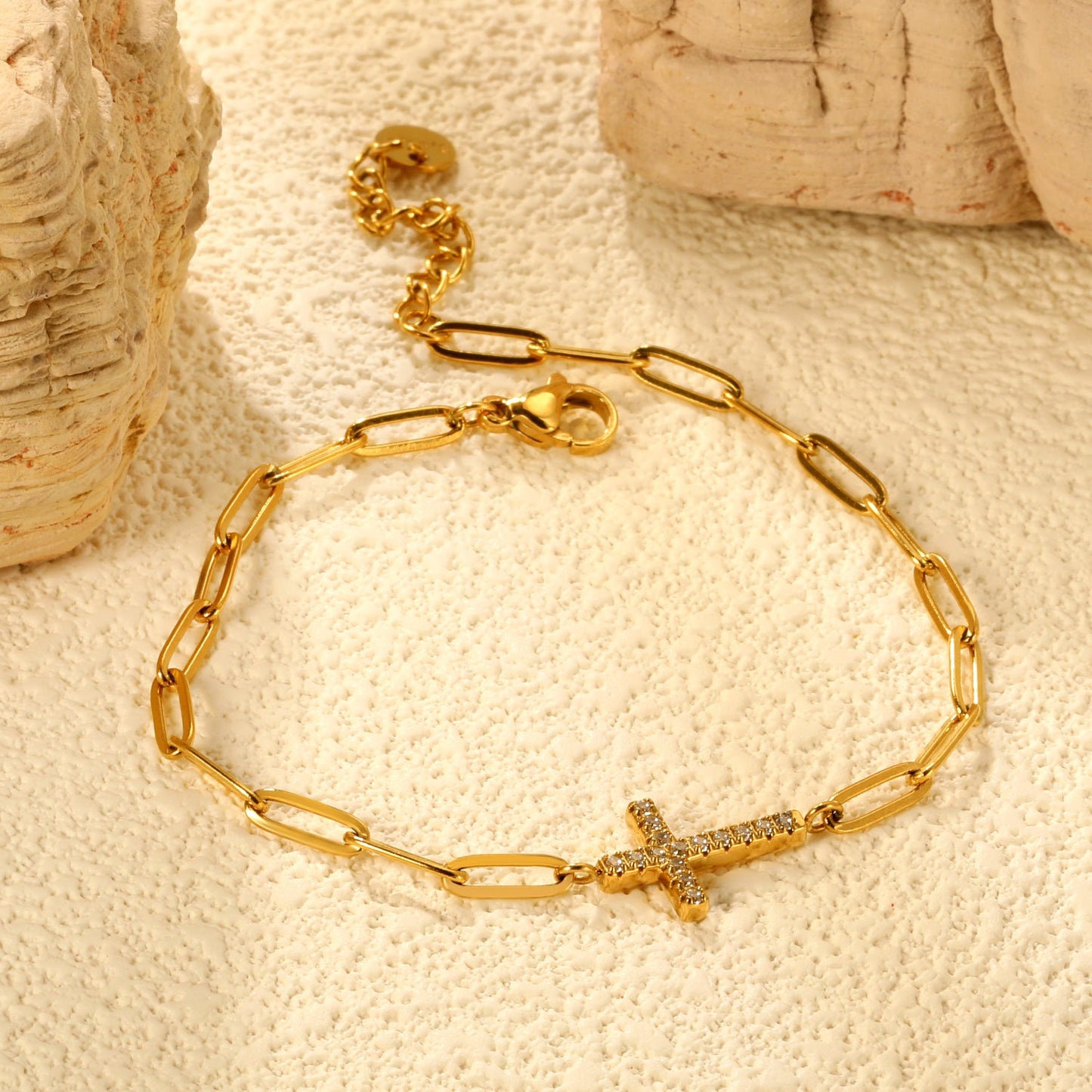 14.9*9.9mm Cross CNC White Zirconia 0.8x3x9 Long Flat Cross 18+3cm+6mm Round Tail Plaque Bracelet Gold Color asonjewelry